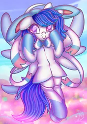 Size: 2480x3508 | Tagged: safe, artist:musicfirewind, derpibooru import, oc, oc:blue visions, unofficial characters only, pegasus, pony, sylveon, clothes, costume, disguise, disguised changeling, high res, image, jpeg, pegasus oc, pokémon, solo, wings