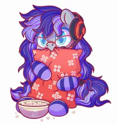 Size: 2480x2650 | Tagged: safe, artist:musicfirewind, derpibooru import, oc, oc:cinnabyte, unofficial characters only, pony, bowl, clothes, commission, food, glasses, headphones, high res, hug, image, jpeg, long mane, pillow, pillow hug, popcorn, scared, simple background, socks, solo, striped socks, white background, ych result