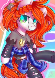 Size: 2480x3508 | Tagged: safe, artist:musicfirewind, derpibooru import, oc, oc:trashie, unofficial characters only, earth pony, pony, '90s, clothes, female, high res, image, jpeg, looking at you, mare, ripped stockings, shirt, socks, solo, stockings, t-shirt, thigh highs, torn clothes