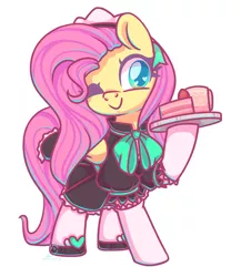 Size: 2150x2480 | Tagged: safe, artist:musicfirewind, derpibooru import, fluttershy, pegasus, pony, cake, clothes, commission, female, fluttermaid, food, image, jpeg, maid, mare, one eye closed, simple background, solo, white background, ych example, your character here