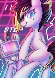 Size: 2480x3508 | Tagged: safe, artist:musicfirewind, derpibooru import, oc, oc:cipher wave, oc:mono, unofficial characters only, earth pony, hybrid, pony, clothes, hand, high res, hoodie, image, jpeg, looking back, television