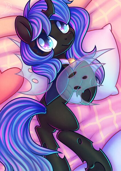 Size: 2480x3508 | Tagged: safe, artist:musicfirewind, derpibooru import, oc, oc:blue visions, unofficial characters only, changeling, bed, blue changeling, high res, image, jpeg, looking back, lying down, pillow, side, solo