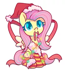 Size: 2276x2548 | Tagged: safe, artist:musicfirewind, derpibooru import, fluttershy, pegasus, pony, candy, candy cane, christmas, christmas lights, clothes, commission, food, hat, holiday, image, jpeg, santa hat, simple background, socks, solo, striped socks, white background, ych example, your character here