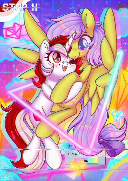 Size: 2480x3508 | Tagged: safe, artist:musicfirewind, derpibooru import, oc, oc:chelsea, oc:chelsea (rhstrings), oc:ruby, oc:ruby heartstrings (rhstrings), unofficial characters only, pegasus, pony, unicorn, blushing, duo, high res, hug, image, jpeg, oc x oc, retrowave, shipping