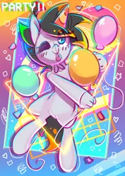 Size: 2480x3508 | Tagged: safe, artist:musicfirewind, derpibooru import, oc, oc:cipher wave, unofficial characters only, earth pony, hybrid, pony, ;p, abstract background, balloon, hand, hat, high res, image, jpeg, one eye closed, party hat, sketch, solo, tongue out