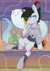 Size: 2480x3508 | Tagged: safe, artist:musicfirewind, derpibooru import, oc, oc:cipher wave, unofficial characters only, earth pony, ghost, hybrid, pony, undead, candy, clothes, food, hand, high res, hoodie, image, jpeg, lollipop, sitting, solo