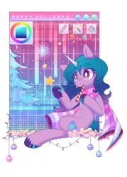 Size: 1944x2708 | Tagged: safe, artist:musicfirewind, derpibooru import, izzy moonbow, pony, unicorn, candy, candy cane, christmas, clothes, commission, food, g5, holiday, horn, image, jpeg, scarf, simple background, solo, white background, ych example, your character here