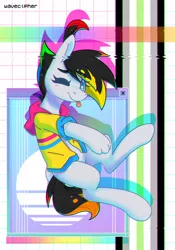 Size: 1238x1764 | Tagged: safe, artist:musicfirewind, derpibooru import, oc, oc:cipher wave, unofficial characters only, earth pony, hybrid, pony, ;p, abstract background, hand, image, jpeg, one eye closed, pansexual pride flag, pride, pride flag, solo, tongue out