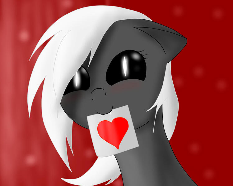 Size: 1565x1253 | Tagged: safe, artist:pinkamena2000, derpibooru import, oc, oc:dark blood, blushing, floppy ears, heart, image, jpeg, mouth hold, red background, simple background, solo