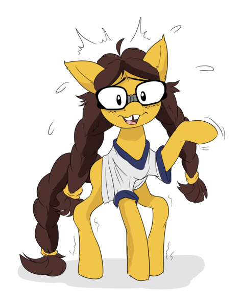 Size: 3501x4429 | Tagged: safe, artist:neoncel, derpibooru import, oc, ponified, earth pony, pony, clothes, glasses, image, meme, nerd, nerd pony, nervous, nervous sweat, png, ponified meme, ponytails, shirt, solo, t-shirt