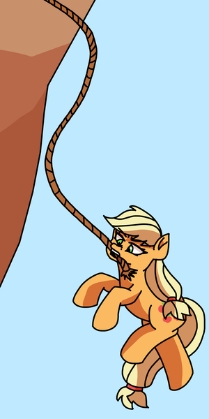 Size: 1000x2000 | Tagged: safe, artist:artevi, derpibooru import, applejack, earth pony, atg 2022, hatless, image, missing accessory, newbie artist training grounds, png, rope, solo