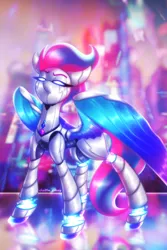 Size: 2000x3000 | Tagged: safe, artist:shad0w-galaxy, derpibooru import, zipp storm, pegasus, pony, robot, robot pony, cyberpunk, female, g5, glow, glowing eyes, high res, image, mare, png, roboticization, shiny, solo, watermark, wings