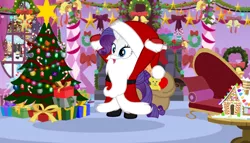 Size: 1024x585 | Tagged: artist needed, safe, derpibooru import, rarity, pony, unicorn, bag, beard, bell, belt, bipedal, boots, bow, candy, candy cane, carousel boutique, chimney, christmas, christmas decoration, christmas lights, christmas ornament, christmas star, christmas stocking, christmas tree, christmas wreath, clothes, coat, costume, couch, decoration, facial hair, fainting couch, fake beard, female, fireplace, food, garland, gingerbread house, gloves, hat, holiday, holly, horn, image, indoors, jpeg, lights, mare, open mouth, plushie, present, sack, santa beard, santa claus, santa costume, santa hat, santa sack, shoes, snow, snowfall, snowpony, solo, standing, table, teddy bear, tree, window, wreath