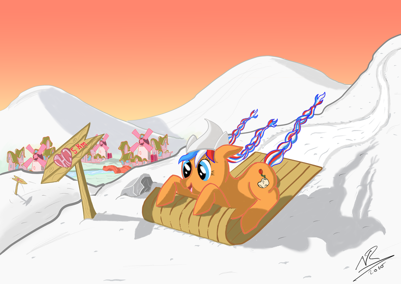 Size: 4093x2894 | Tagged: safe, artist:real-robertson, derpibooru import, oc, oc:ember (hwcon), hearth's warming con, image, mascot, netherlands, png, snow, solo, toboggan