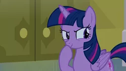 Size: 1280x720 | Tagged: safe, derpibooru import, screencap, twilight sparkle, twilight sparkle (alicorn), alicorn, pony, amending fences, season 5, >:), cute, evil grin, female, folded wings, grin, image, mare, png, raised hoof, smiling, solo, solo female, thinking, wings