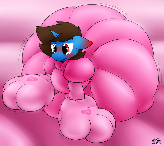Size: 2500x2234 | Tagged: questionable, artist:the-furry-railfan, derpibooru import, oc, oc:deep dive, unofficial characters only, original species, shark, shark pony, unicorn, blushing, blushing profusely, bondage, bondage mitts, ear blush, fetish, image, inflatable, inflatable dress, inflatable fetish, permanent bondage, png