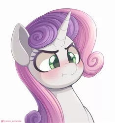 Size: 2250x2400 | Tagged: safe, artist:pyropk, derpibooru import, sweetie belle, pony, unicorn, :t, angry, blushing, bust, cute, diasweetes, eyebrows, female, frown, high res, horn, image, jpeg, madorable, mare, older, older sweetie belle, signature, simple background, solo, white background