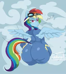 Size: 1833x2048 | Tagged: suggestive, artist:darkdoubloon, derpibooru import, rainbow dash, anthro, pegasus, ass, butt, clothes, female, goggles, image, jpeg, looking at you, looking back, looking back at you, rainbutt dash, rear view, solo, solo female, text, uniform, wide hips, wonderbolts uniform