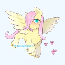 Size: 2048x2048 | Tagged: safe, artist:bluecocoaart, derpibooru import, fluttershy, butterfly, insect, pegasus, blushing, chest fluff, ear fluff, flying, g4, image, missing cutie mark, one eye covered, png, smiling, solo, unshorn fetlocks