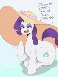 Size: 1536x2048 | Tagged: suggestive, artist:darkdoubloon, derpibooru import, rarity, pony, unicorn, butt, dialogue, giant hat, hat, image, jpeg, looking at you, rearity, red lipstick, sitting, solo, sweat, text