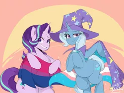 Size: 2048x1536 | Tagged: safe, artist:darkdoubloon, derpibooru import, starlight glimmer, trixie, pony, unicorn, bisexual pride flag, hat, image, jpeg, looking at you, pride, pride flag, smiling, smiling at you, trans trixie, transgender, transgender pride flag