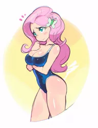 Size: 1000x1300 | Tagged: suggestive, artist:aetherionart, derpibooru import, fluttershy, human, equestria girls, bare shoulders, blushing, breasts, busty fluttershy, butterfly hairpin, cleavage, clothes, female, humanized, image, jpeg, one-piece swimsuit, simple background, solo, solo female, swimsuit, wet