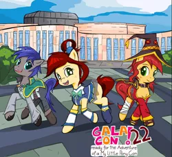 Size: 1280x1172 | Tagged: safe, artist:sallycars, derpibooru import, oc, oc:canni soda, oc:sani soda, oc:wachmann, unofficial characters only, earth pony, pony, aqua (konosuba), clothes, cosplay, costume, crossover, female, galacon, hat, image, jpeg, konosuba, looking at you, male, mare, megumin, ms paint, satou kazuma, stallion, witch hat