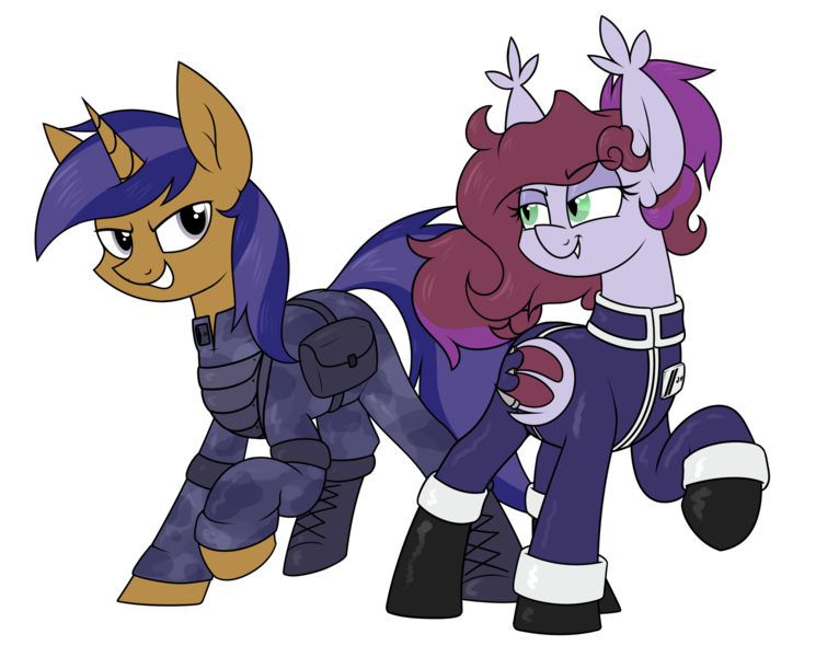 Size: 2644x2100 | Tagged: safe, artist:moonatik, derpibooru import, oc, oc:jade jump, oc:lunar spice, bat pony, pony, unicorn, alternate timeline, armor, bag, bat pony oc, bat wings, boots, clothes, commission, eyeshadow, female, gloves, hair bun, horn, image, lunar empire, makeup, male, mare, military pony, military uniform, new lunar millennium, nightmare takeover timeline, png, raised hoof, saddle bag, shoes, simple background, soldier, soldier pony, stallion, transparent background, unicorn oc, uniform, wings