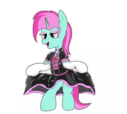 Size: 2000x1800 | Tagged: safe, alternate version, artist:amateur-draw, derpibooru import, oc, oc:belle boue, pony, unicorn, bipedal, clothes, crossdressing, evening gloves, gloves, image, latex, long gloves, maid, makeup, male, png, simple background, sissy, skirt, skirt lift, solo, stallion, white background