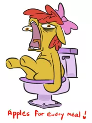 Size: 270x360 | Tagged: safe, artist:jargon scott, derpibooru import, apple bloom, earth pony, pony, but why, faic, female, filly, foal, image, png, simple background, sitting, sitting on toilet, text, toilet, tongue out, white background
