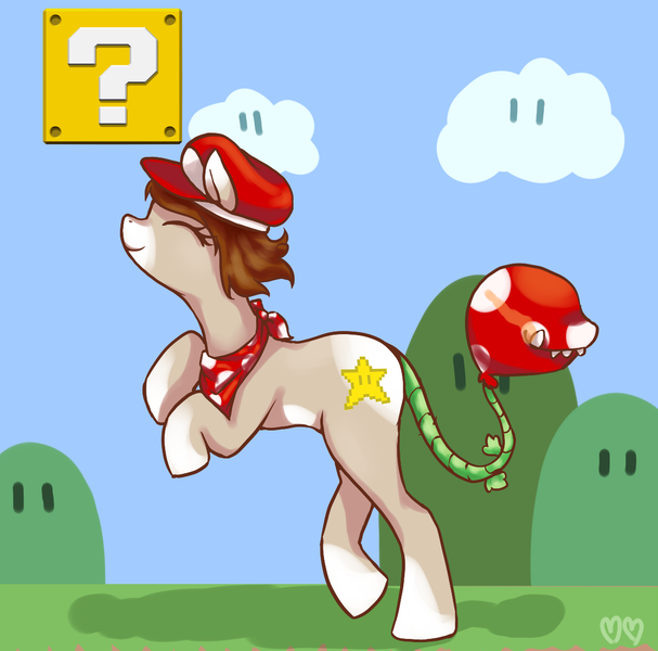 Size: 1200x1186 | Tagged: safe, artist:churobu, derpibooru import, oc, unofficial characters only, monster pony, original species, piranha plant pony, plant pony, pony, augmented, augmented tail, eyes closed, hat, image, neckerchief, outdoors, plant, png, rearing, smiling, solo, super mario bros., tail