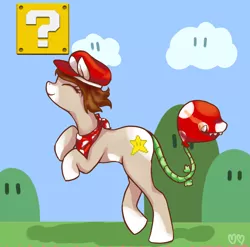 Size: 1200x1186 | Tagged: safe, artist:churobu, derpibooru import, oc, unofficial characters only, monster pony, original species, piranha plant pony, plant pony, pony, augmented, augmented tail, eyes closed, hat, image, neckerchief, outdoors, plant, png, rearing, smiling, solo, super mario bros., tail