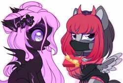Size: 1600x1083 | Tagged: safe, artist:princessolmi, derpibooru import, oc, unofficial characters only, pegasus, pony, chibi, chocolate, devil horns, duo, face mask, female, flower, flower in hair, food, horns, image, jpeg, mare, mask, pegasus oc, simple background, smiling, white background, wings