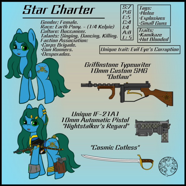 Size: 1600x1600 | Tagged: safe, artist:dice-warwick, derpibooru import, oc, oc:star charter, earth pony, pony, fallout equestria, cutlass, fallout equestria: desperados, female, gun, handgun, image, mare, pipbuck, pirate, pistol, png, solo, submachinegun, sword, template, weapon