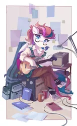 Size: 2513x4096 | Tagged: safe, artist:saxopi, derpibooru import, zipp storm, pegasus, pony, semi-anthro, book, can, clothes, crossed legs, drink, female, g5, glasses, guitar, hoof hold, image, jpeg, looking at you, mare, musical instrument, pants, paper, shoes, simple background, sitting, skirt, socks, solo, white background, wings