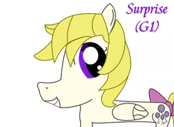 Size: 900x660 | Tagged: safe, artist:kiarakovu123, derpibooru import, surprise, pegasus, pony, adoraprise, bow, cute, female, folded wings, g1, g1 to g4, g4, generation leap, grin, image, jpeg, mare, purple bow, purple text, simple background, smiling, solo, surprise being surprise, tail, tail bow, text, white background, wings, yellow hair, yellow mane, yellow tail