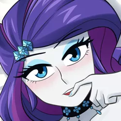 Size: 750x750 | Tagged: suggestive, artist:riouku, derpibooru import, rarity, equestria girls, bedroom eyes, biting, choker, commission, cropped, eyeshadow, female, finger bite, image, jpeg, looking at you, makeup, open mouth, solo, solo female