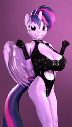 Size: 1260x2240 | Tagged: suggestive, artist:hellhounds04, artist:shelbysaucy, derpibooru import, twilight sparkle, twilight sparkle (alicorn), alicorn, anthro, 3d, alternate hairstyle, belly button, big breasts, breasts, busty twilight sparkle, cleavage, clothes, female, gloves, huge breasts, image, jpeg, missing cutie mark, punklight sparkle, shiny, smiling, solo, solo female