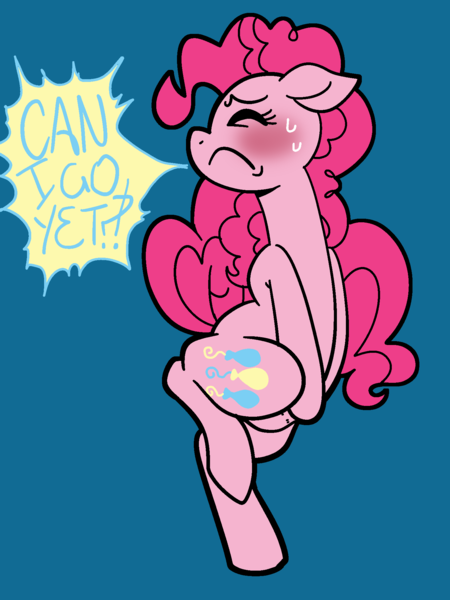 Size: 1500x2000 | Tagged: suggestive, artist:vodkamewtwoni, derpibooru import, pinkie pie, earth pony, pony, bladder bulge, blushing, desperation, dialogue, female, fetish, image, need to pee, omorashi, one leg raised, png, potty dance, potty emergency, potty time, simple background, solo, solo female, speech bubble, sweat, text