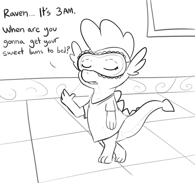 Size: 4096x3861 | Tagged: safe, artist:tjpones, derpibooru import, spike, dragon, black and white, commission, dialogue, grayscale, image, implied raven, implied ravenspike, jpeg, male, monochrome, nightshirt, sleep mask, solo