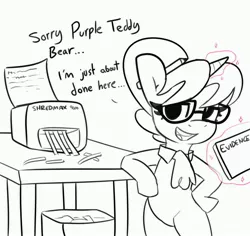 Size: 4096x3861 | Tagged: safe, artist:tjpones, derpibooru import, raven, pony, unicorn, bipedal, black and white, commission, dialogue, female, grayscale, image, implied spike, jpeg, levitation, magic, mare, monochrome, paper shredder, partial color, pencil behind ear, simple background, solo, telekinesis, white background