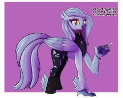 Size: 1281x1023 | Tagged: safe, artist:cosmonaut, derpibooru import, classical hippogriff, hippogriff, cigarette, clothes, crossover, dweeb, fang (goodbye volcano high), female, goodbye volcano high, hippogriffied, image, jewelry, jpeg, looking at you, necklace, simple background, solo, species swap, talking to viewer, torn clothes