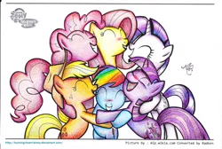 Size: 2550x1716 | Tagged: safe, artist:burning-heart-brony, derpibooru import, applejack, fluttershy, pinkie pie, rainbow dash, rarity, twilight sparkle, earth pony, pegasus, pony, unicorn, 2014, applejack's hat, cowboy hat, crayon drawing, eyes closed, female, group hug, hat, hug, image, jpeg, mane six, mare, simple background, traditional art, unicorn twilight, white background