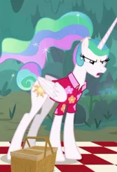 Size: 375x553 | Tagged: safe, derpibooru import, screencap, princess celestia, alicorn, pony, between dark and dawn, alternate hairstyle, angry, celestia is not amused, clothes, cutie mark, folded wings, hawaiian shirt, image, jpeg, picnic, picnic blanket, ponytail, shirt, tail, tail bun, unamused, wings