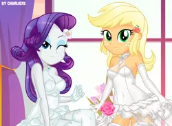 Size: 1049x768 | Tagged: safe, artist:charliexe, derpibooru import, applejack, rarity, human, equestria girls, alternate hairstyle, bare shoulders, beautiful, bride, clothes, cute, dress, evening gloves, female, freckles, gloves, image, jackabetes, jpeg, lesbian, long gloves, looking at you, marriage, one eye closed, rarijack, shipping, sleeveless, smiling, smiling at you, socks, solo, stockings, thigh highs, wedding, wedding dress, wink, winking at you