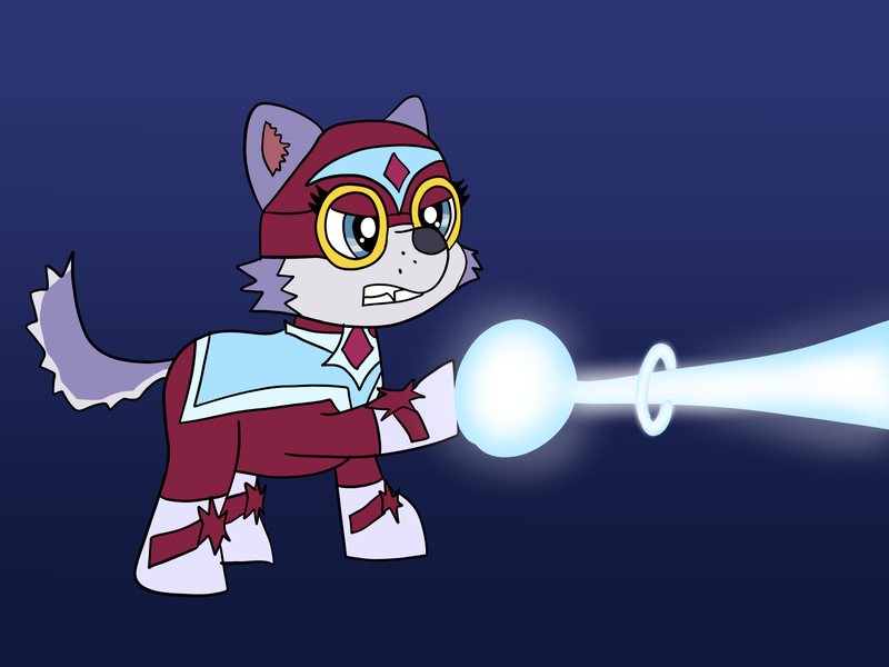 Size: 1600x1200 | Tagged: safe, artist:platinumdrop, derpibooru import, masked matter-horn, dog, everest (paw patrol), freeze spell, gradient background, image, magic, paw patrol, png, power ponies, request, simple background, solo