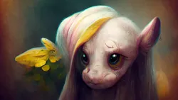 Size: 2048x1152 | Tagged: safe, derpibooru import, machine learning generated, midjourney, fluttershy, pegasus, pony, concerned, deformed, image, neural network, neural network abomination, png, solo, teary eyes
