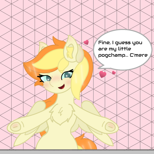 Size: 1080x1080 | Tagged: safe, artist:sodapop sprays, derpibooru import, oc, oc:sodapop sprays, pegasus, pony, blushing, chest fluff, digital art, female, food, glow, glowing eyes, gray, green, happy, heart, image, looking at you, mare, missing cutie mark, nose blush, orange, peach, pink, png, pogchamp, poggers, solo, speech bubble, talking, talking to viewer, text, underhoof, yellow