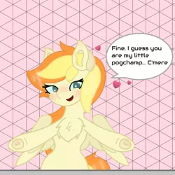 Size: 1080x1080 | Tagged: safe, artist:sodapop sprays, derpibooru import, oc, oc:sodapop sprays, pegasus, pony, blushing, chest fluff, digital art, female, food, glow, glowing eyes, gray, green, happy, heart, image, looking at you, mare, missing cutie mark, nose blush, orange, peach, pink, png, pogchamp, poggers, solo, speech bubble, talking, talking to viewer, text, underhoof, yellow