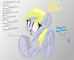 Size: 1809x1470 | Tagged: safe, artist:notadeliciouspotato, derpibooru import, derpy hooves, rainbow dash, pegasus, pony, atg 2022, bust, dialogue, female, game boy, gradient background, image, mare, newbie artist training grounds, png